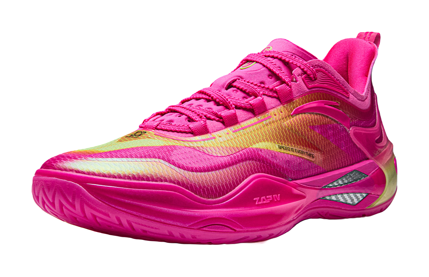 Pink basketball shoe angled view with laced upper and multi-color stripe