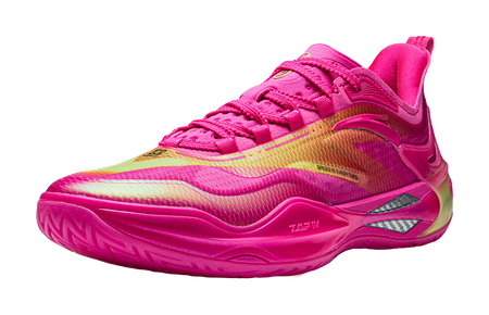 Pink basketball shoe angled view with laced upper and multi-color stripe