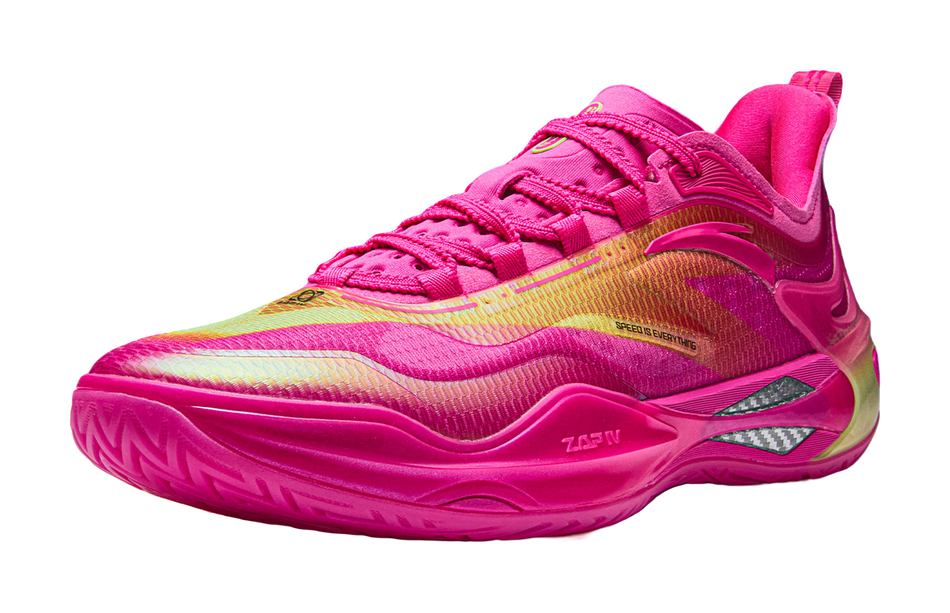 Pink basketball shoe angled view with laced upper and multi-color stripe