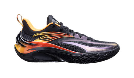 Black basketball shoe, yellow laces and orange flame details, purple side panel accent