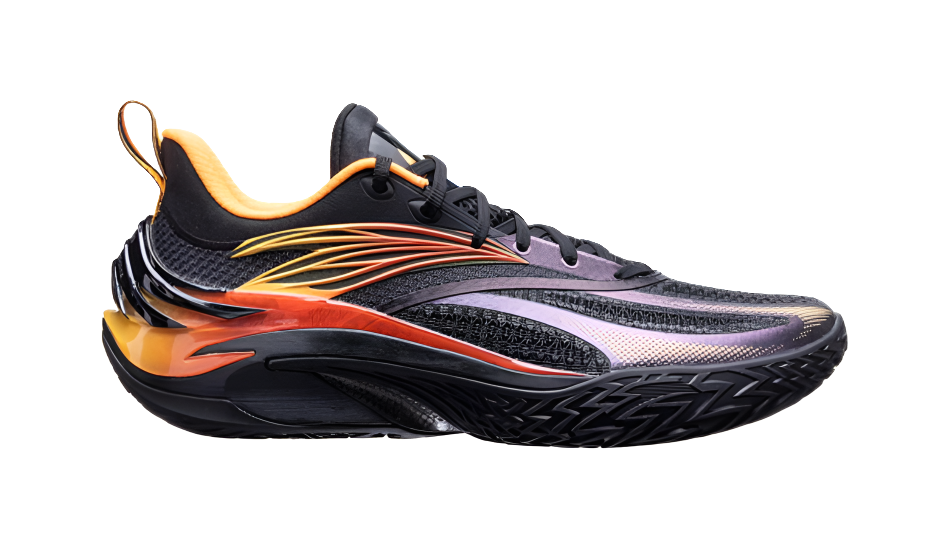 Black basketball shoe, yellow laces and orange flame details, purple side panel accent