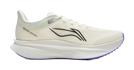 Champagne white running shoe side view with black branding and cushioned midsole