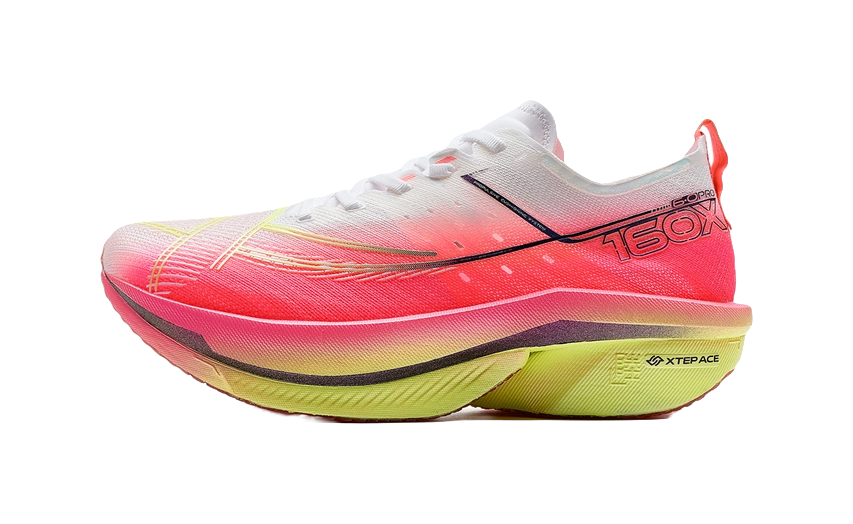 Women's low-top running shoes with pink/red knit upper, white laces, lime outsole.