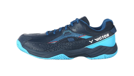 Unisex badminton shoe in dark blue with bright blue accents, lace-up front.