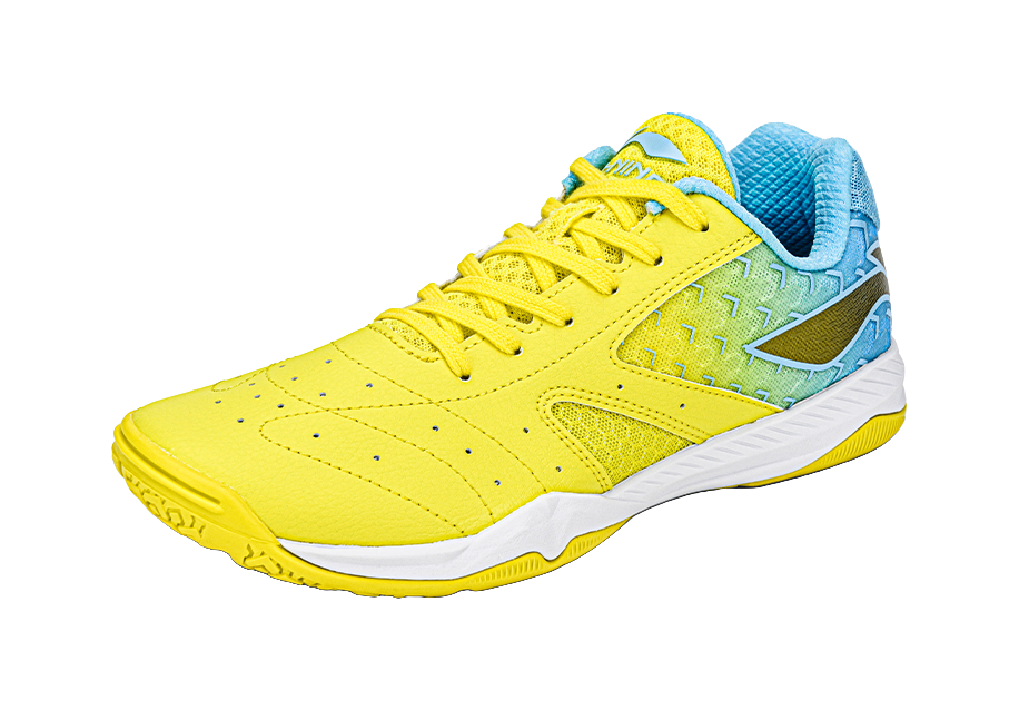 Yellow table tennis shoe with blue heel and white outsole, side view