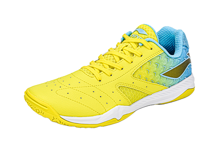 Yellow table tennis shoe with blue heel and white outsole, side view