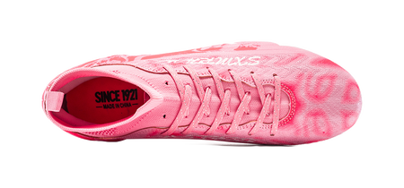 Pink soccer cleat toe view with lace-up vamp and cushioned collar