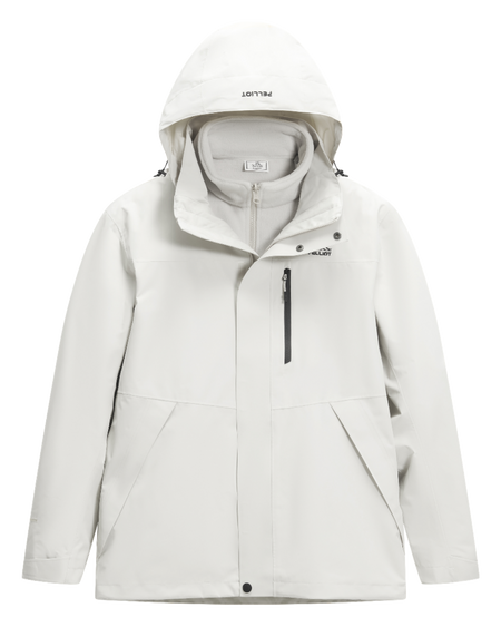 White men’s hooded windbreaker jacket with zip front and pocket detail