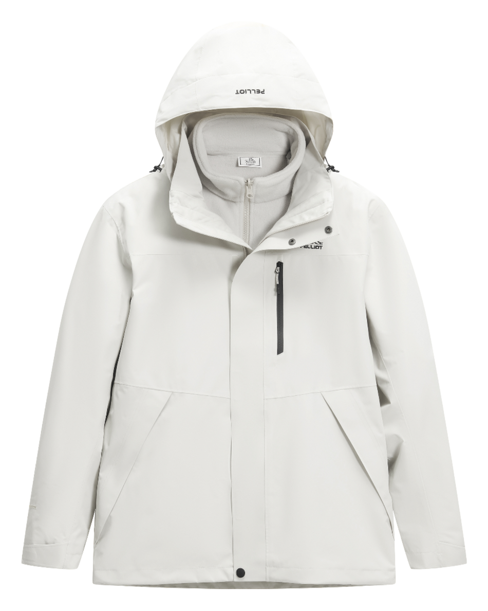 White men’s hooded windbreaker jacket with zip front and pocket detail