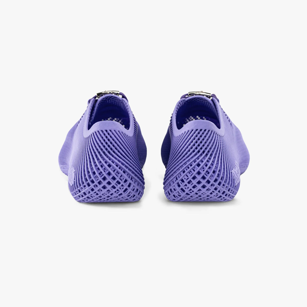 Purple 3D printed sneakers, rear view with cushioned heel and patterned sides