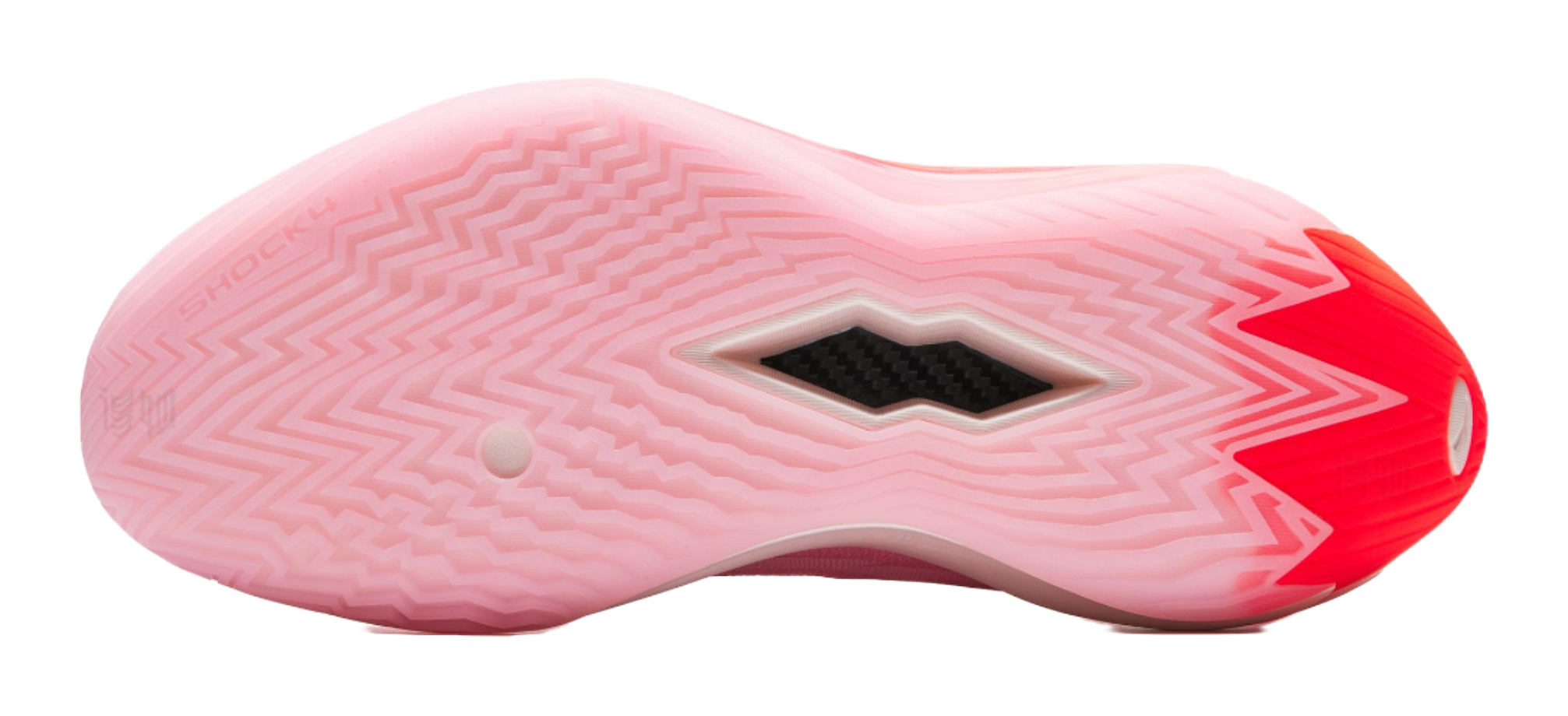 Pink outsole of basketball shoe with diamond traction pattern and red logo accents
