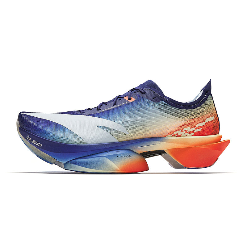 Running shoe with navy-to-blue gradient upper, white midsole, and orange accents