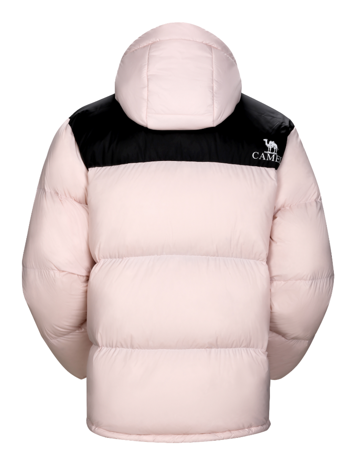Unisex light pink puffer down jacket with black yoke and hood