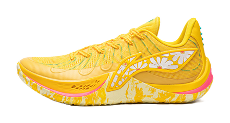 Lemon yellow knit basketball shoe with lace-up front, sporty side logo, and pink accent sole