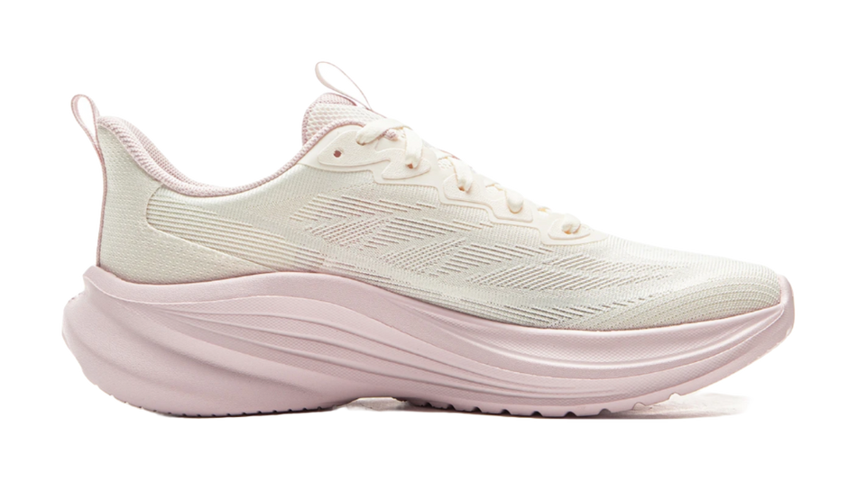 Lightweight running shoe, cream-white knit upper with pink logo and foam sole