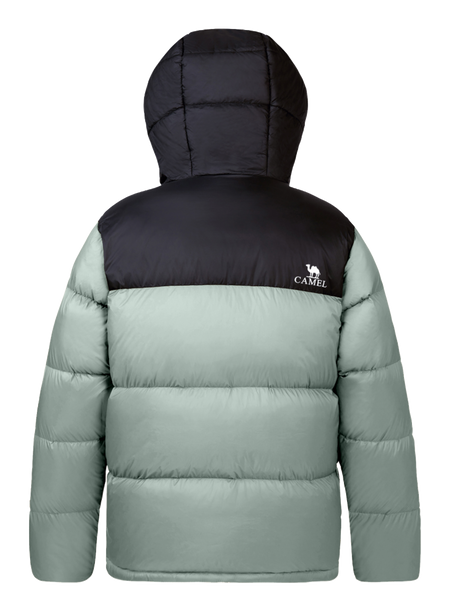 Two-tone unisex down jacket with hood, quilted panels, black top and sage green body
