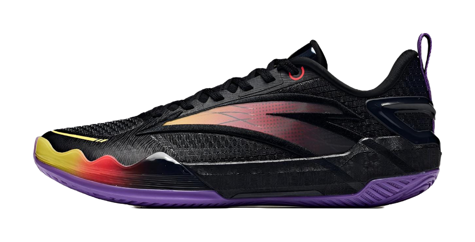 Men's low-top basketball shoes, black with orange-red accents and purple sole.