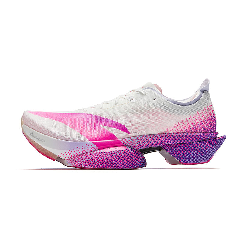 White, pink and purple women's marathon racing running shoe, side view