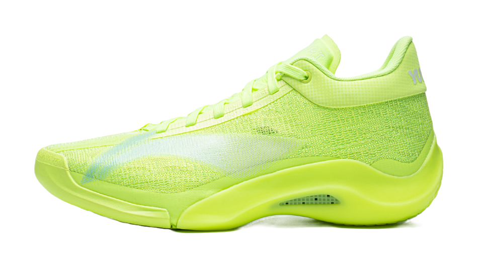 Neon green lace-up low-top basketball shoe with textured upper