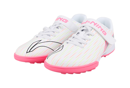 Pair of youth turf soccer shoes, white uppers with pink soles and Velcro straps