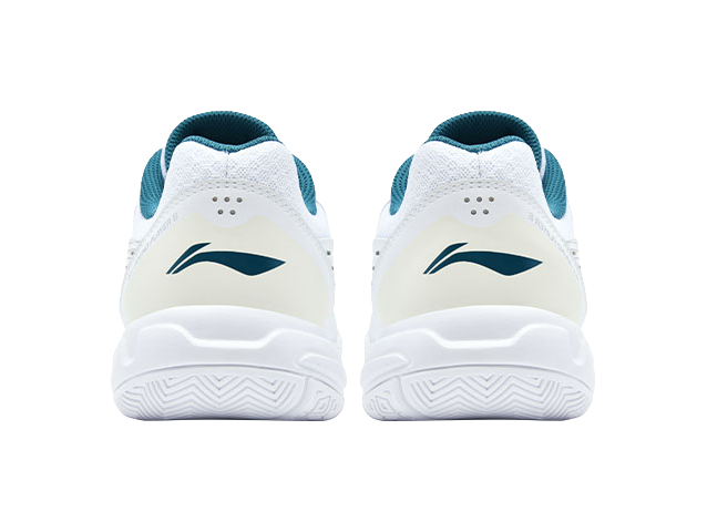 Pair of white badminton shoes with teal heel collars and side logo detail.