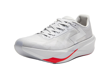 Gray low-top running shoe, lace-up with padded collar, red accent on side sole