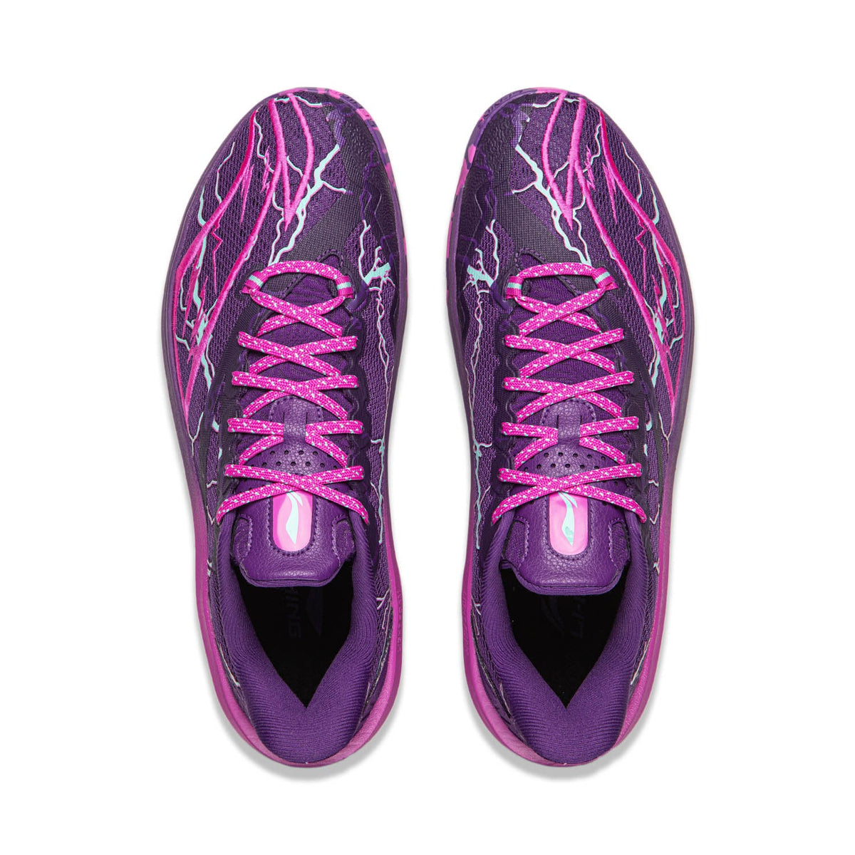 Men's purple basketball shoes, front view pair, pink laces and mesh upper