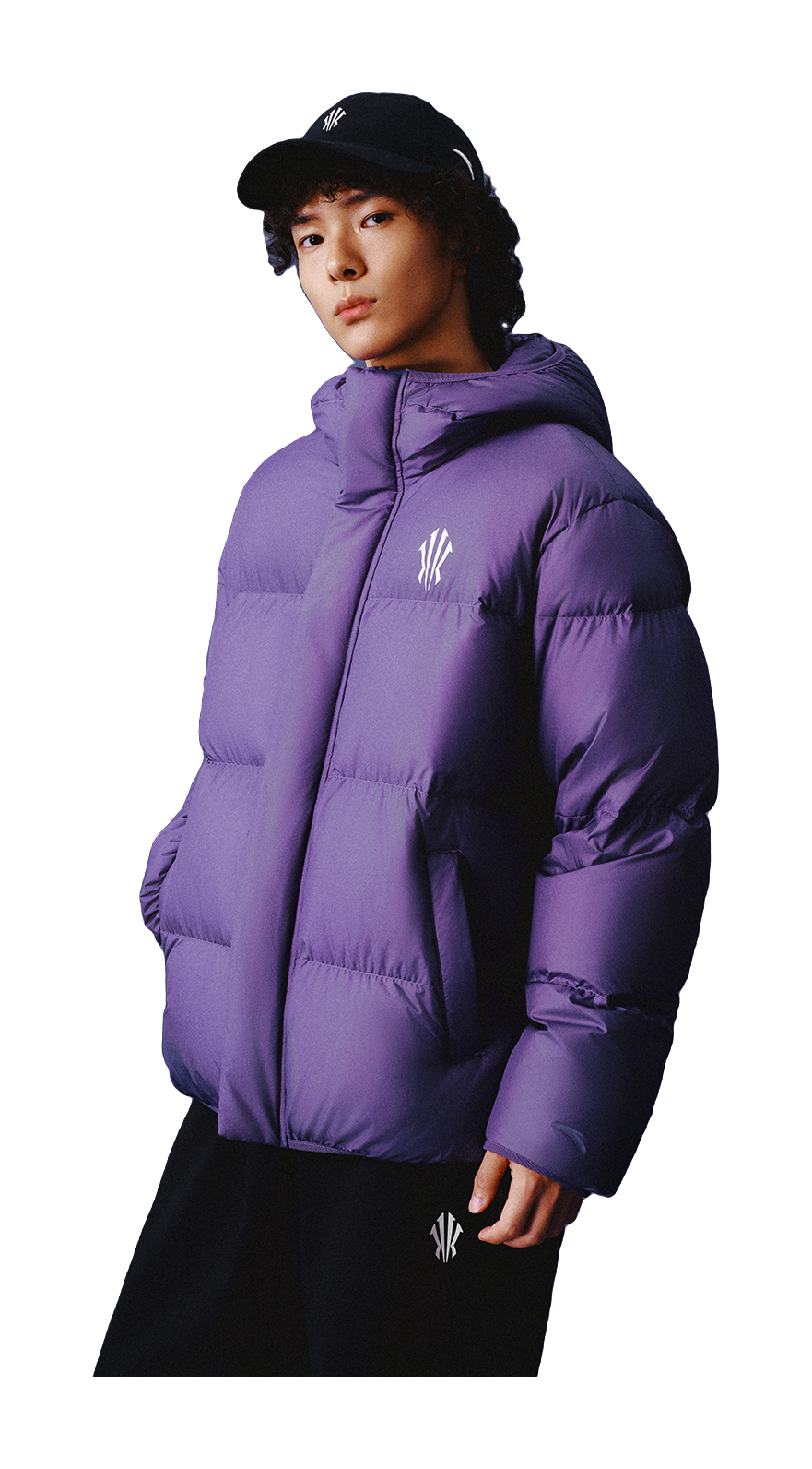 Purple hooded puffer jacket on model, side view with full-length sleeves