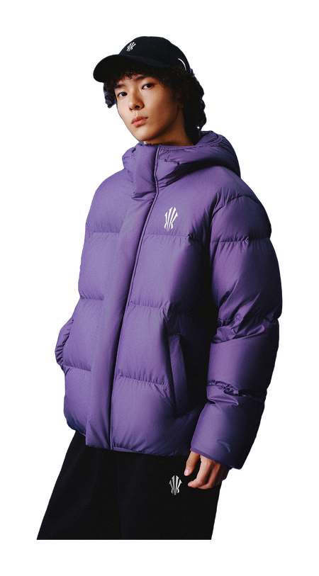 Purple hooded puffer jacket on model, side view with full-length sleeves