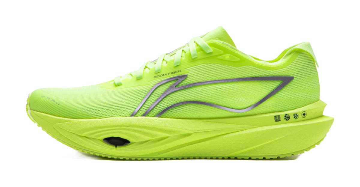 Neon yellow green low-top running shoes, lace-up, cushioned sole, side stripes
