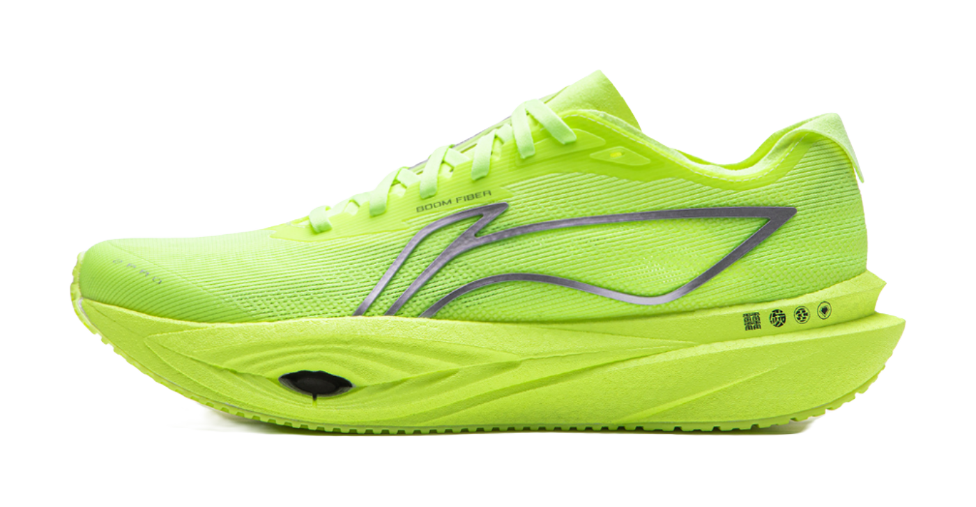 Neon yellow green low-top running shoes, lace-up, cushioned sole, side stripes