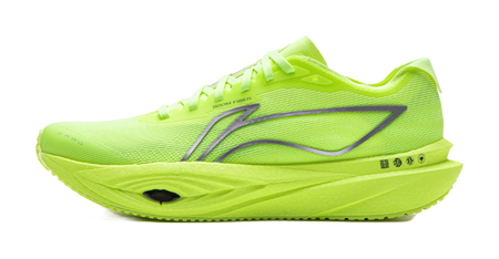 Neon yellow green low-top running shoes, lace-up, cushioned sole, side stripes
