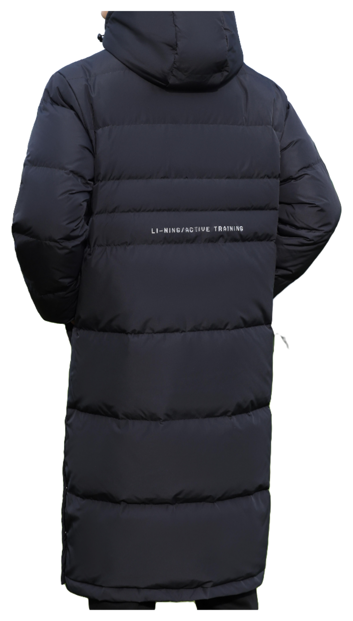 Men's black hooded puffer down jacket with quilted stripes and zip front