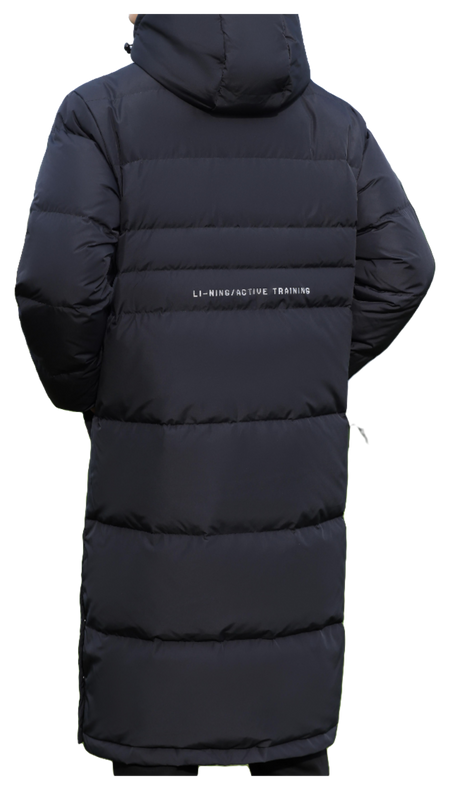 Men's black hooded puffer down jacket with quilted stripes and zip front