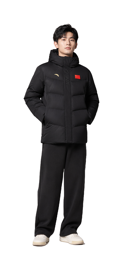 Men's black hooded down jacket with full zipper, front logos, stand collar