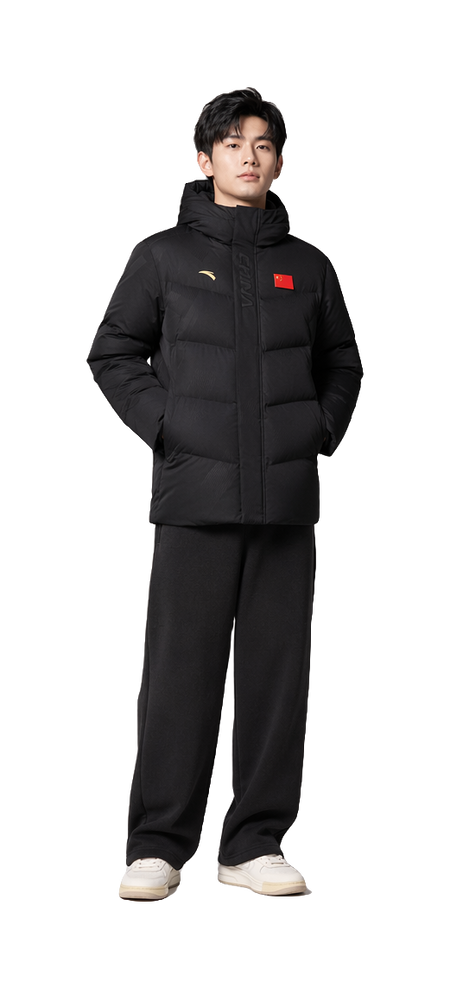 Men's black hooded down jacket with full zipper, front logos, stand collar