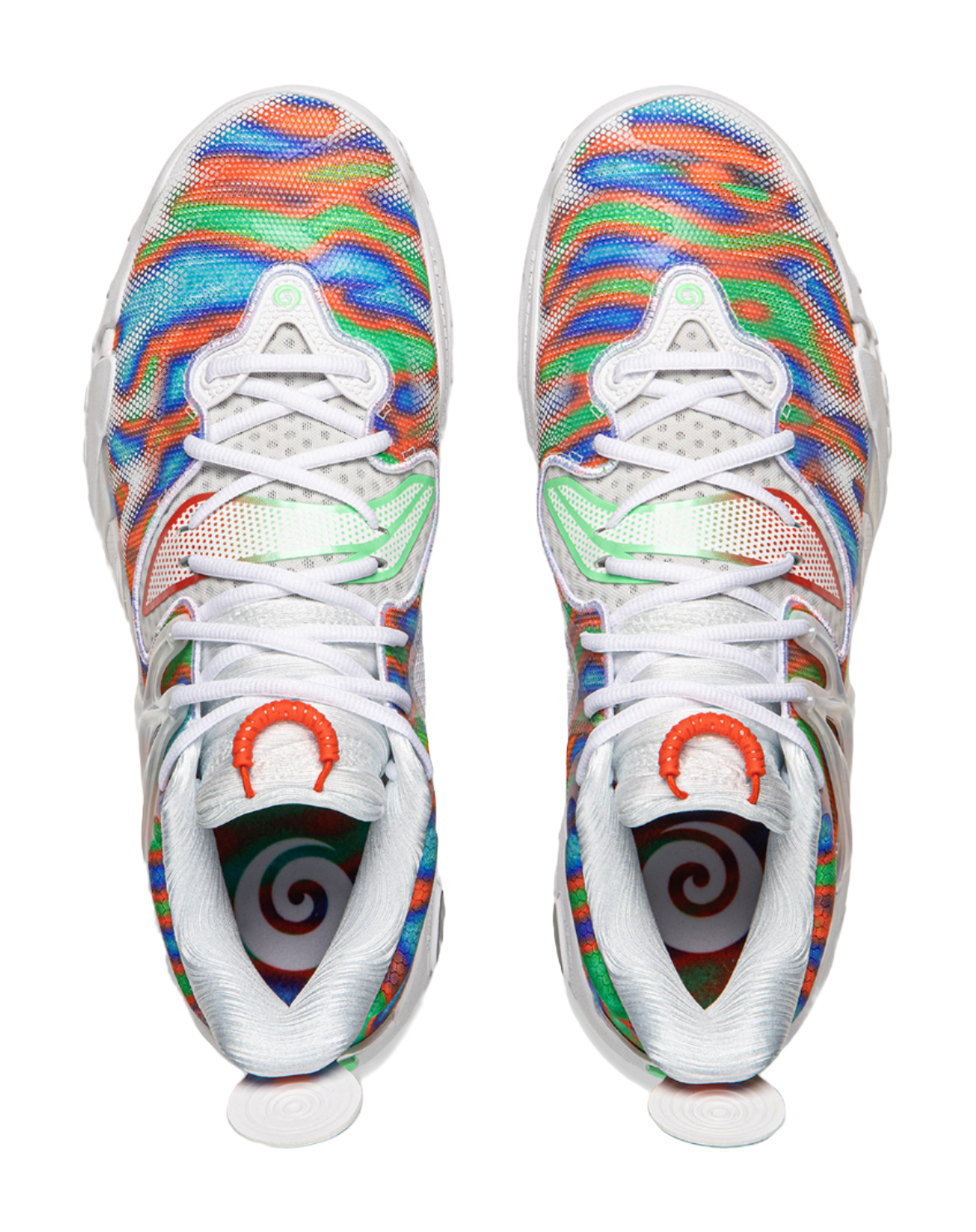 Li-Ning unisex basketball shoe pair front view, white laces, rainbow uppers, orange details