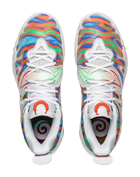Li-Ning unisex basketball shoe pair front view, white laces, rainbow uppers, orange details