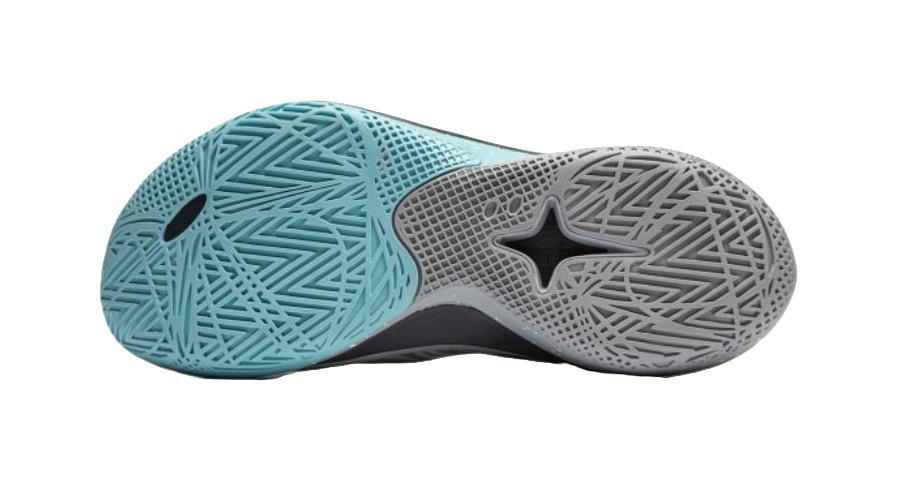 Outsole tread of light gray and teal basketball shoes with star and pattern grip