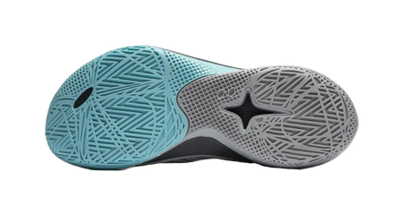 Outsole tread of light gray and teal basketball shoes with star and pattern grip