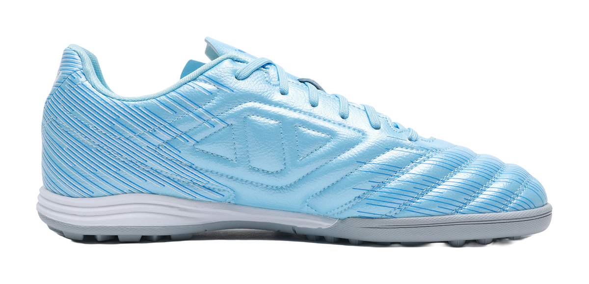 Sky blue unisex TF turf soccer shoes with textured striped upper and lace-up front
