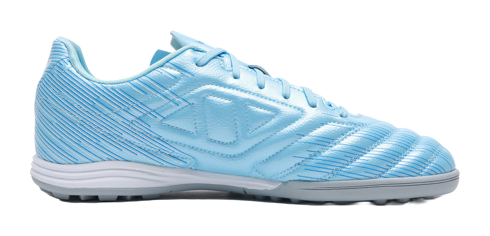 Sky blue unisex TF turf soccer shoes with textured striped upper and lace-up front