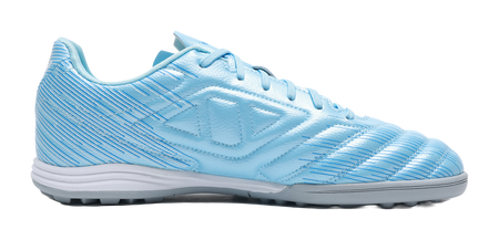 Sky blue unisex TF turf soccer shoes with textured striped upper and lace-up front