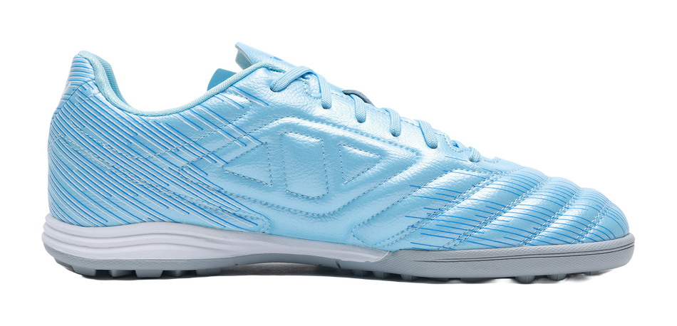 Sky blue unisex TF turf soccer shoes with textured striped upper and lace-up front