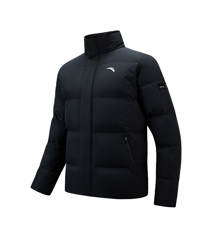 Men's black puffer down jacket, front view with full-length zipper and side pockets