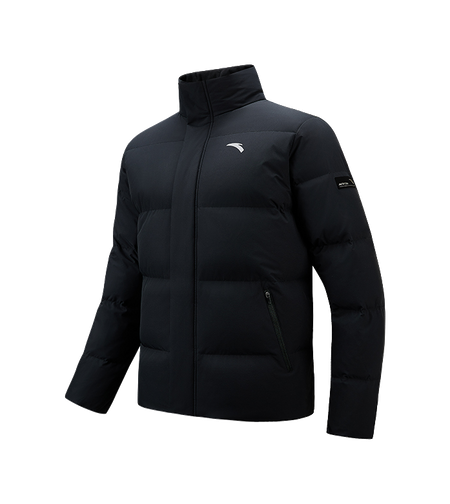 Men's black puffer down jacket, front view with full-length zipper and side pockets