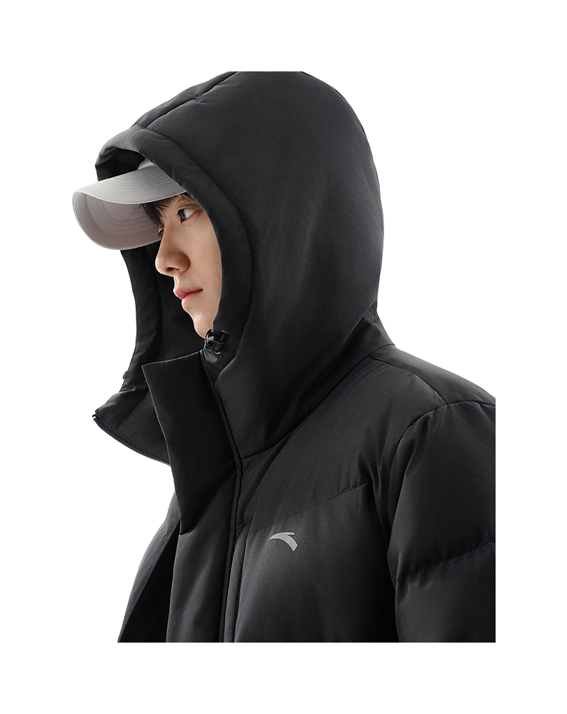 Unisex black down puffer hooded jacket with small chest logo