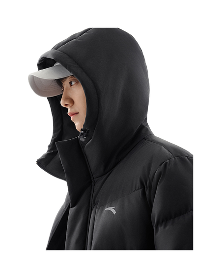 Unisex black down puffer hooded jacket with small chest logo