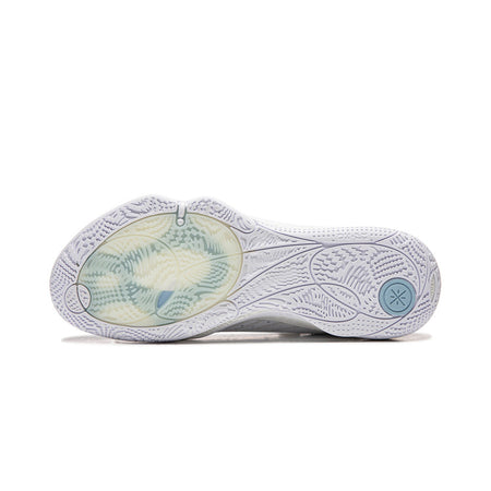 Basketball shoe outsole view with white traction pattern and circular blue logo accents.