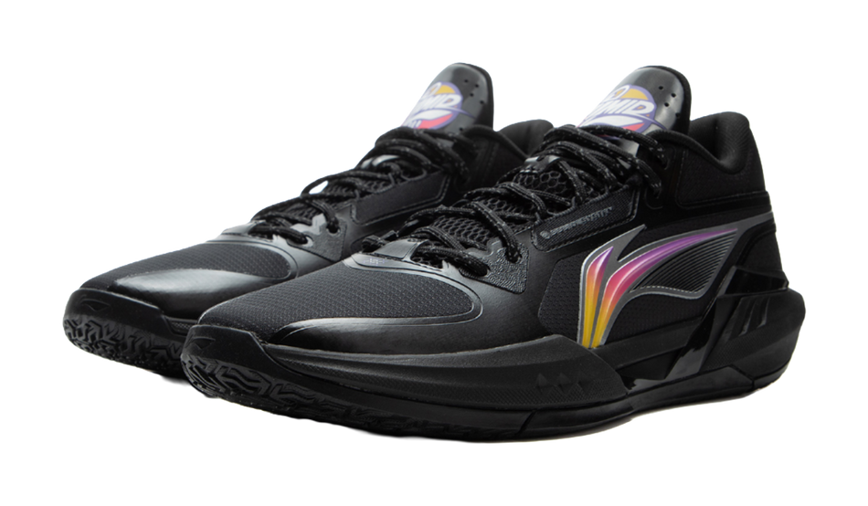 Black mid-top basketball shoes with multicolor swoosh side panel and lace-up